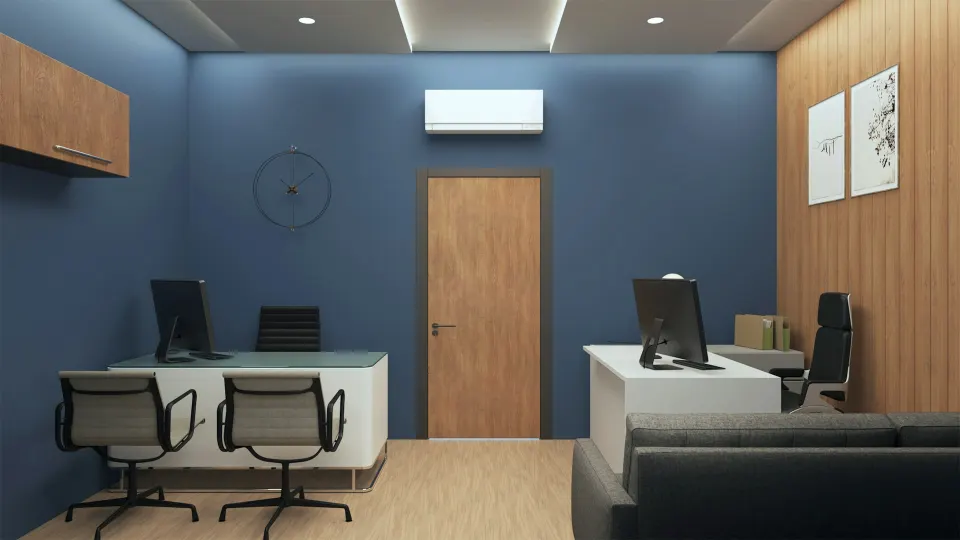 Empfangsbereich mit blauer Wand, Holztür und Sitzbank